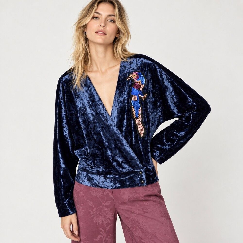 Zara Crash Velvet Sequin Beaded Bird Wrap Top Long Sleeve Sz M Whimsical Boho